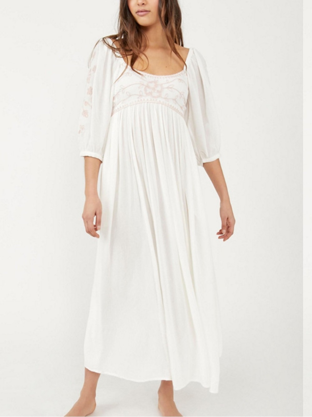 Free people Wedgewood White Maxi Peasant Dress with Pink Embroidery
